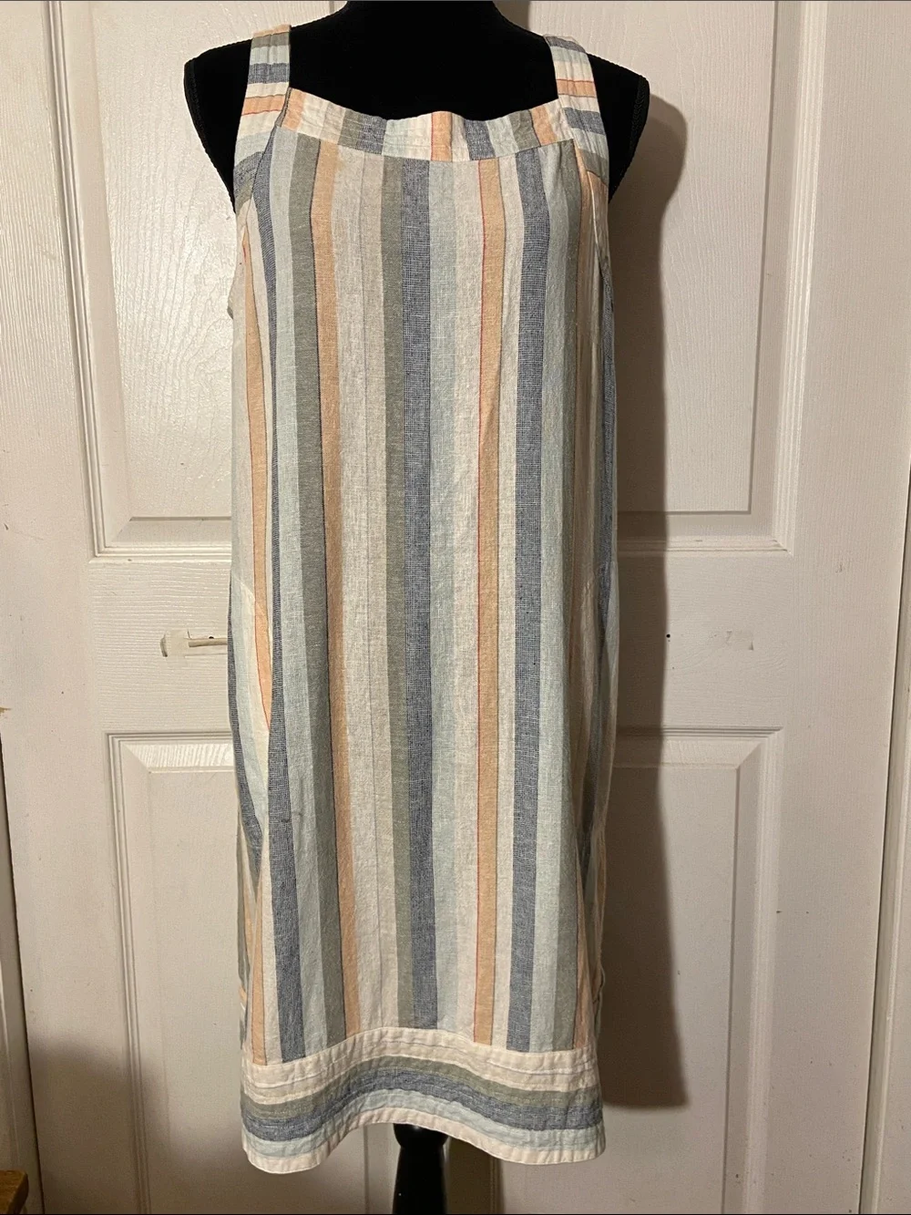For Cynthia Striped Midi Sleeveless Dress Linen Blend sz L Side Button Closure